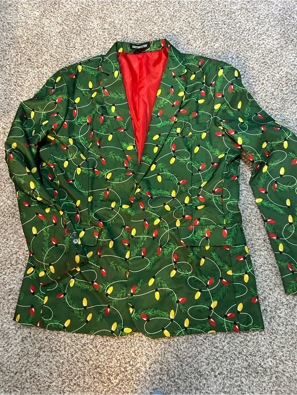 Men’s Holiday Green Blazer with Multicolor Light Bulb Print